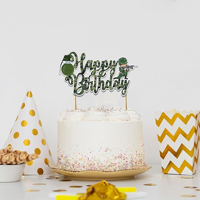 Cool Army Trops Happy Birthday Cake Topper – Military Inspired Cake Decoration with Bravery, Strength & Team Spirit Theme, Tactical Style Birthday Cake Topper for Bold Party Celebration Décor