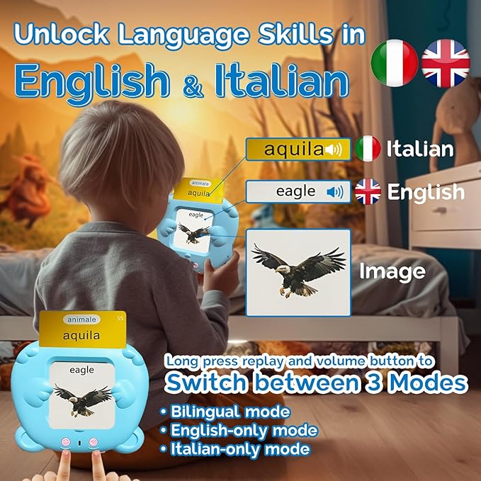 Bilingual English Italian Flash Cards - Talking Flash Cards for Kids, Pocket Speech for Toddlers 3-12, Educational Learning Audible Gift Play Cards Italian, Autism Sensory Toys (Blue)