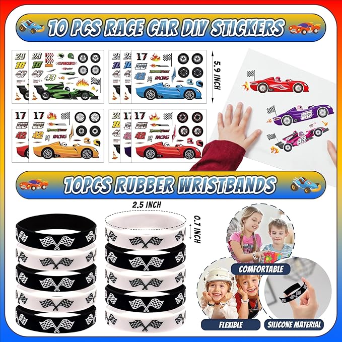 120 Pcs Race Car Party Favors Set with Keychains Slap Bracelets Tattoo Stickers Wristbands Treat Boxes Treat Bags Stuffers Race Car Party Supplies Race Car Party Decorations