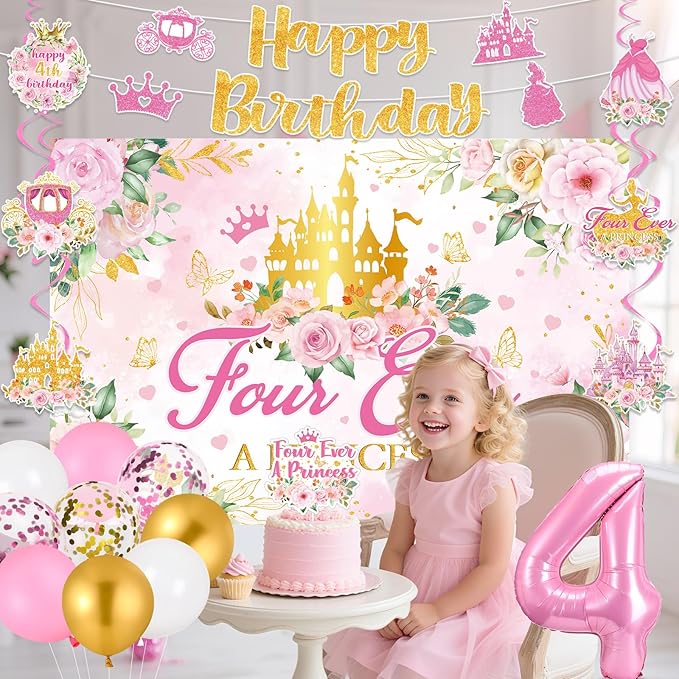 Four Ever a Princess Birthday Decorations Pink Sweet 4th Birthday Party Supplies Include 4 Ever a Princess Backdrop Banner Hanging Swirls Balloons Cake Topper for 4 Years Old Girl Bday Party Decor