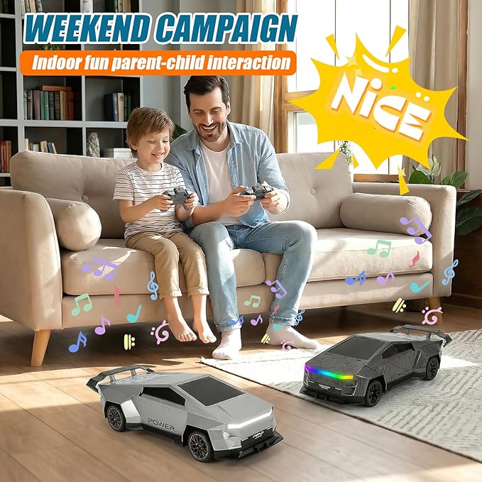 Remote Control Car/RC Truck – 2.4 GHz All-Terrain Cyber Vehicles with One-Touch Demo and Three Adjustable LED Light Effects, Off-Road Pick-Up Hobby Monster Truck Toys Gifts for Boys Aged 3+ (Silver)