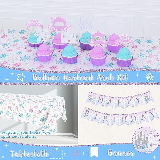 Winter Snow Birthday Party Decorations for Girls,Snowy Princess Birthday Supplies,Winter Wonderland Princess Party Decor,Ice Blue Silver Snowflake Balloons,Once Upon a Time Fairy Girl Party Decor