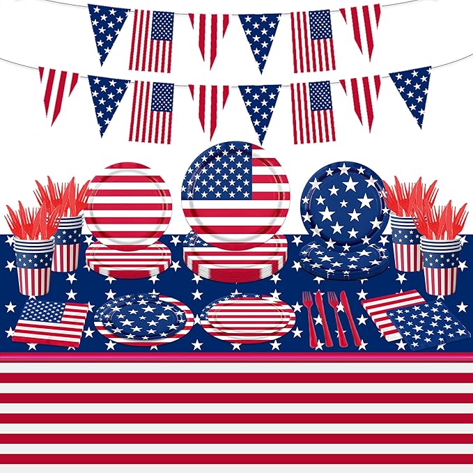 142Pcs American Flag Party Decorations Memorial Day 4th of July Patriotic Tableware Disposable Banner,Tablecloth,Plates,Napkins,Cups,Forks and Knives for Independence Day Party Supplies ,Serve 20