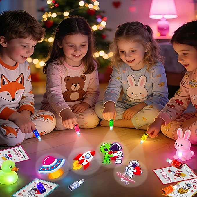 24 Pack Valentines Day Gift for Kids, Valentine Party Favors, Space LED Finger Lights with Cards, Glow in the Dark Toys, Classroom Exchange Prize, Goodie Bag Stuffers
