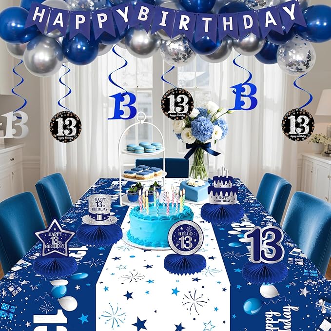 13th Birthday Decorations for Boys Girls, Blue Silver 13 Year Old Boy Bday Decor, Number 13 Balloon Happy 13th Birthday Banner Backdrop Honeycomb Centerpieces for Official Teenager Party Supplies