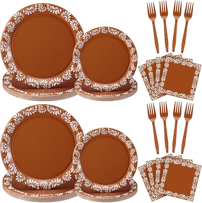 122 Pcs Brown Cielito Lindo Baby Shower Decoration Platos De Barro Mexicanos Fiesta Talavera Paper Plates Mexican Napkins Forks Tableware Set for Birthday Weeding Party Supplies, Serve 24