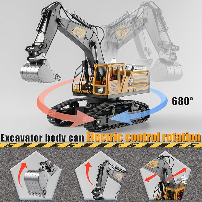 1:14 Remote Control Excavator Toys for Boys,14 Channel RC Digger Construction Toys Tractor,Simulated Smoke, Sound, Lighting, Metal Digging Head, for Boys 6 7 8 9 10 11 12