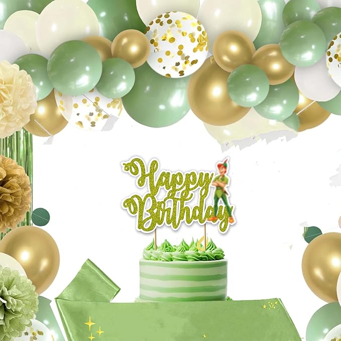 "Petr Pan Happy Birthday Cake Topper – Neverland Theme Birthday Party Supplies – Magical Green and Gold Cake Decoration with Petr Pan, Tinker Bell, and Fairy Dust Design for Boys Girls and Fans"
