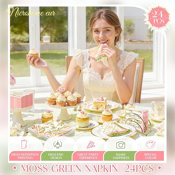 Vintage Floral Paper Napkins 10x10 Inch - 24 Count Tea Party Disposable Napkins, Pink Green Tulip Butterfly Design 3-Ply Cocktail Napkins for Wedding, Birthday, Easter, Garden Party