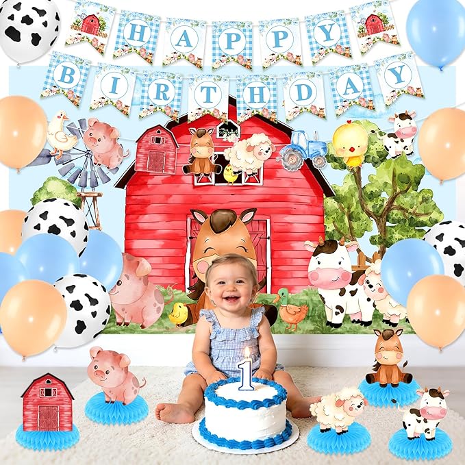 Blue Farm Animals Birthday Party Supplies for Boys Tableware Set Decorations Includes Backdrop Balloons Plates Napkins Forks Banner Honeycomb Centerpieces Tractor Baby Shower Decor