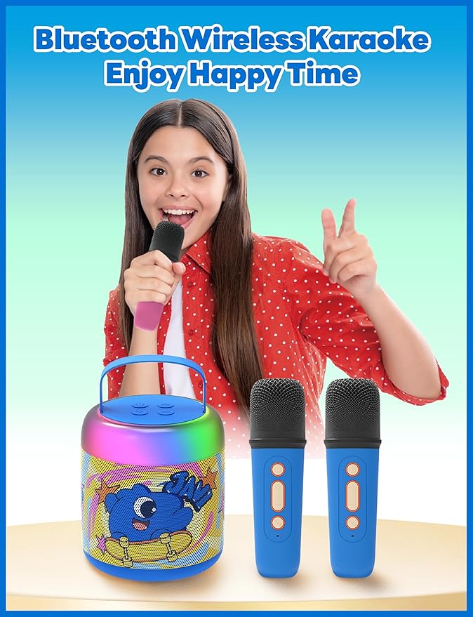 Jellie O-K Kids Wireless Karaoke Speaker with Handheld Microphone, Portable, Premium Sound, Cute Characters, Fun for The Whole Family. (Blue)