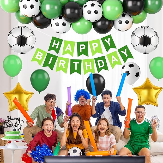 Soccer Birthday Party Decorations for Boys, Soccer Party Decorations with Green Black White Balloons 'HAPPY BIRTHDAY' Banner Cake Toppers Star Foil Balloons for Boys Men Birthday Decor
