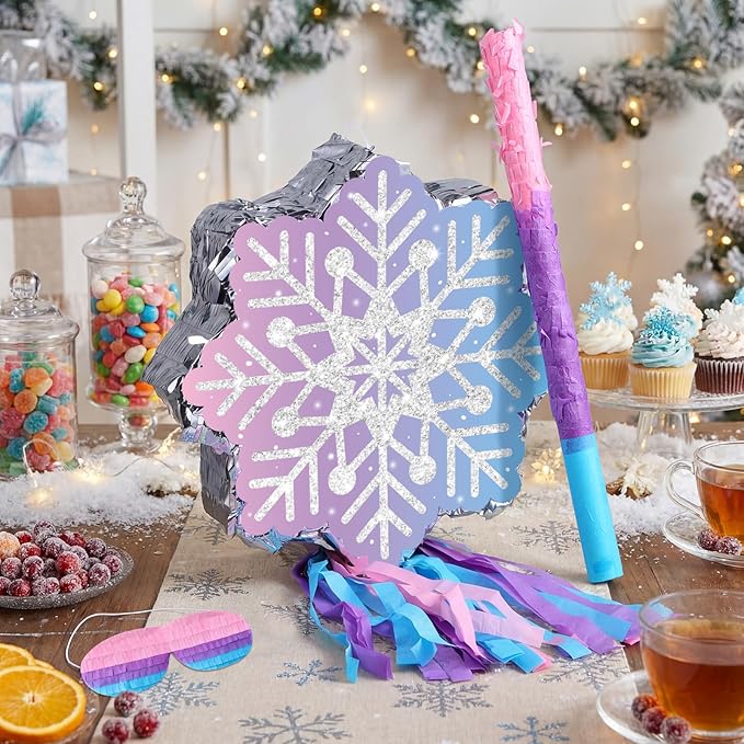 Snowflake Piñata Snowflake Birthday Decorations Wonderland Birthday Party Supplies Piñata with Blindfold Stick for Princess Party Supplies Decorations