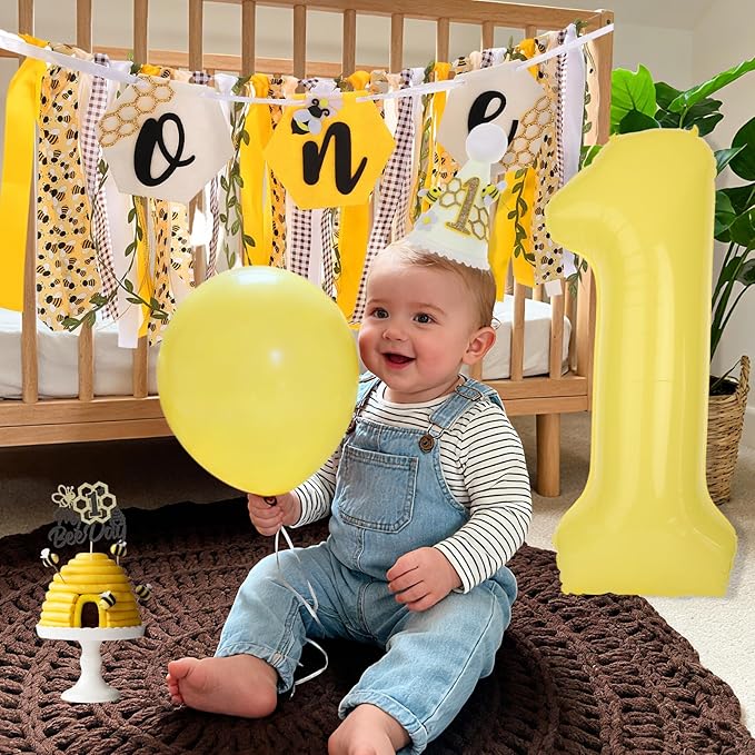 Bee Theme Highchair Banner for Baby First Birthday Party Decorations Happy 1st Bee Day High Chair Tassel Garland for Boys Girls Bumble Bee One Birthday Photo Props Backdrop Decor with Cake Topper