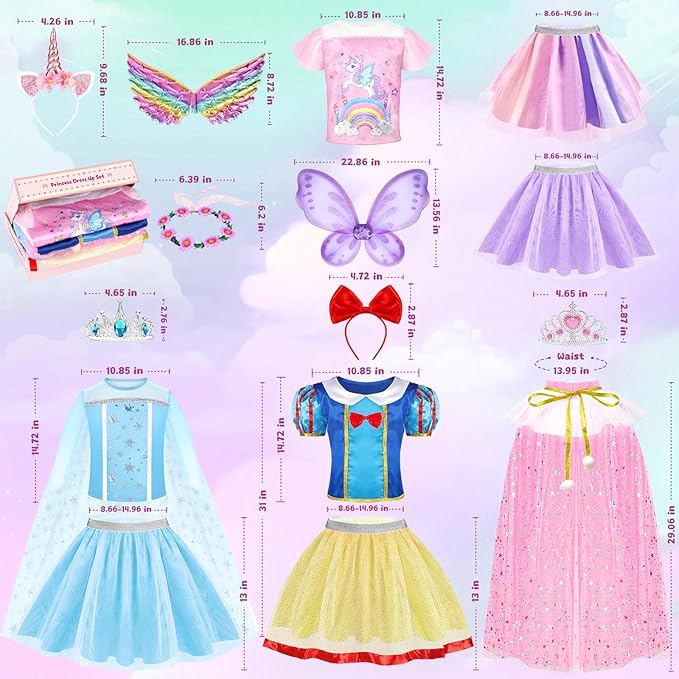 Princess Dress Up, Toddler Dress Up with Princess Costumes and Toys, Butterfly & Unicorn Dress with Fairy Wings, Pretend Play for Toddlers 3-6, Halloween Christmas Birthday Gift for Kids