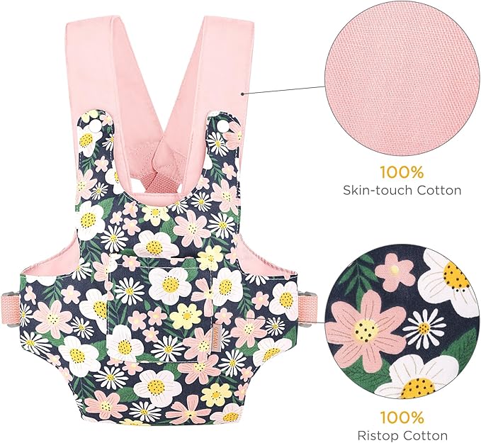 GAGAKU Toy Baby Carrier for Dolls Reborn Baby Doll Carrier for Kids Doll Accrssories Carrier for Doll - Pink - Daisies
