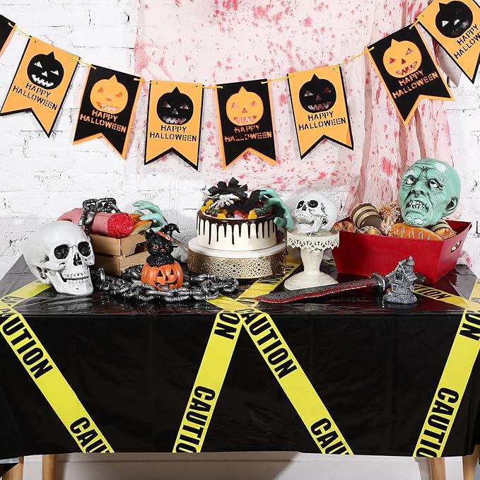 Irenare 3 Pcs Halloween Construction Birthday Party Supplies Disposable Plastic Caution Tape Construction Table Cloth Dump Truck Themed Table Cover Decoration for Halloween 54 x 108 in(Black)