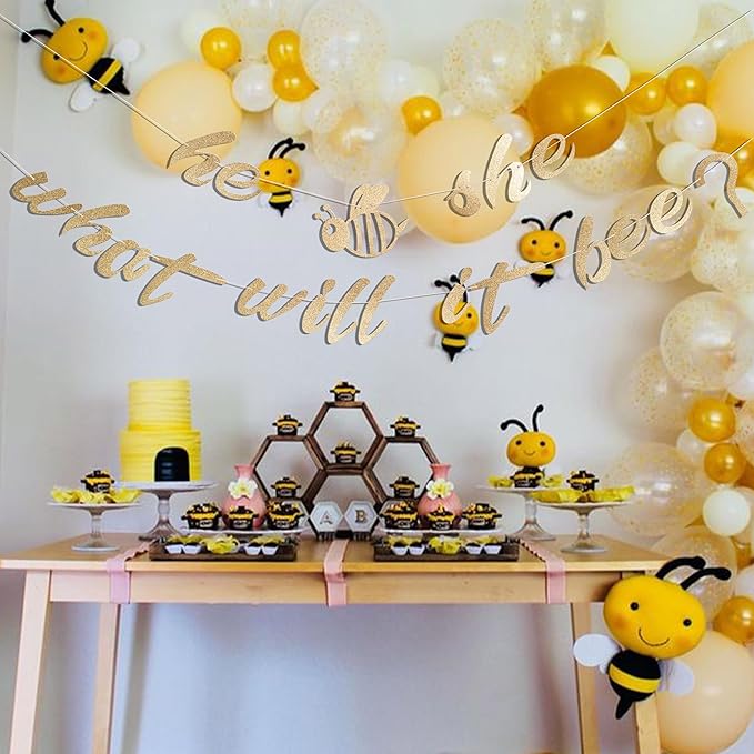 He Or She What Will Baby Bee Banner - Bumble Bee Themed Baby Shower Decorations,Honey Gold Glitter Gender Neutral Garland Party Supplies