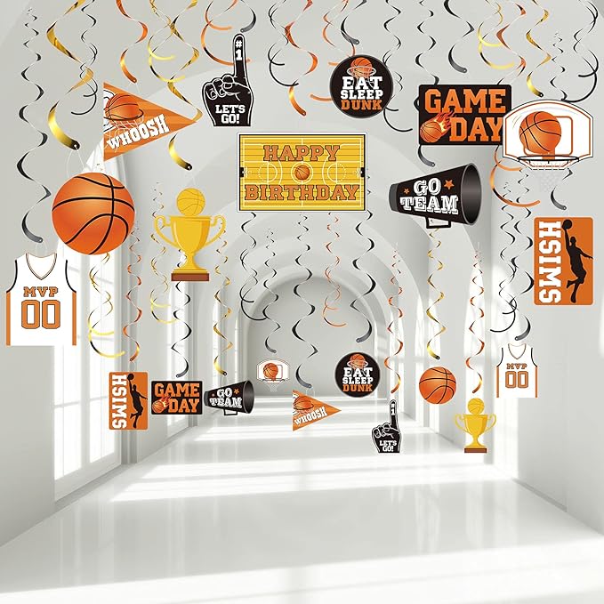 Sumind 30 Ct Basketball Hanging Swirl Decorations Basketball Sports Themed Sports Cutouts Whirls Favors for Birthday Photo Props Party Supplies Classroom Competition Decoration