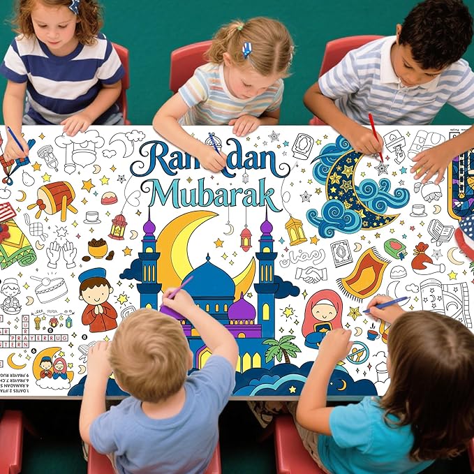 Gatherfun Ramadan Activity Poster & Home Decor - 31.5 x 72 Coloring Banner/Table Cover for Eid Mubarak Decoration, for School Parties & Ramadan Decoration