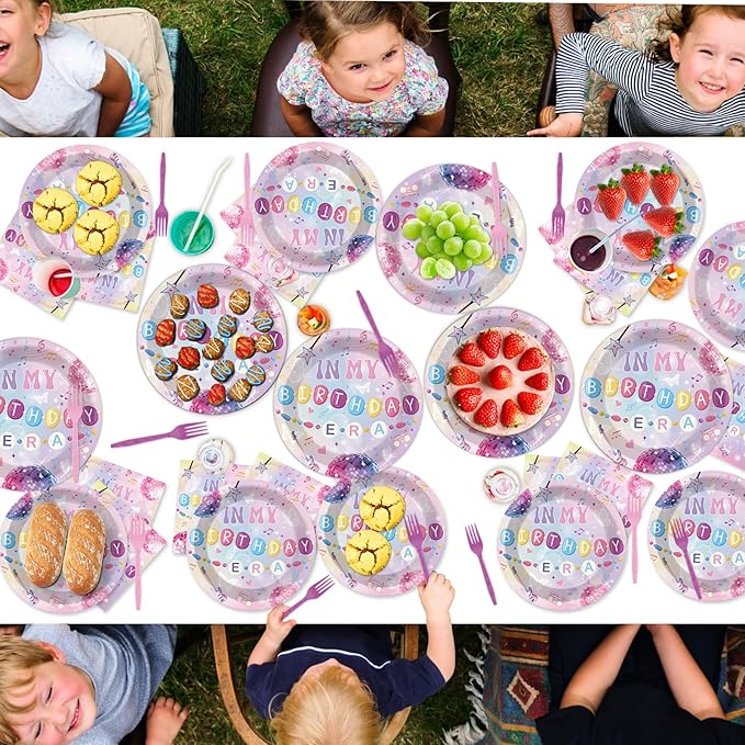 OBUSATT 96 Pcs In My Birthday Era Music Friendship Birthday Party Supplies Pink Singer Themed Disposable Tableware Set Serves 24