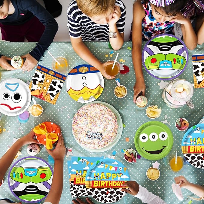 90Pcs Cartoon Birthday Party Supplies Cartoon Plates Napkins Tableware for Toy Theme Birthday Decor for 30 Guests