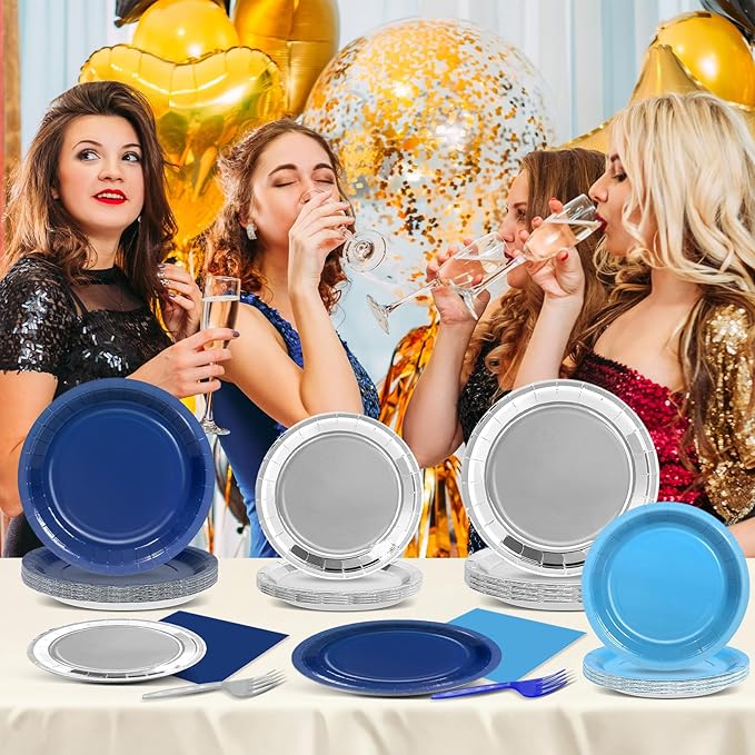 96Pcs Navy Blue and Silver Birthday Party Decorations Blue and Silver Paper Plates and Napkins Sets Navy Tablewares Dinnerwares for Men and Boys Birthday Baby Shower Party Supplies Favors 24 Guest