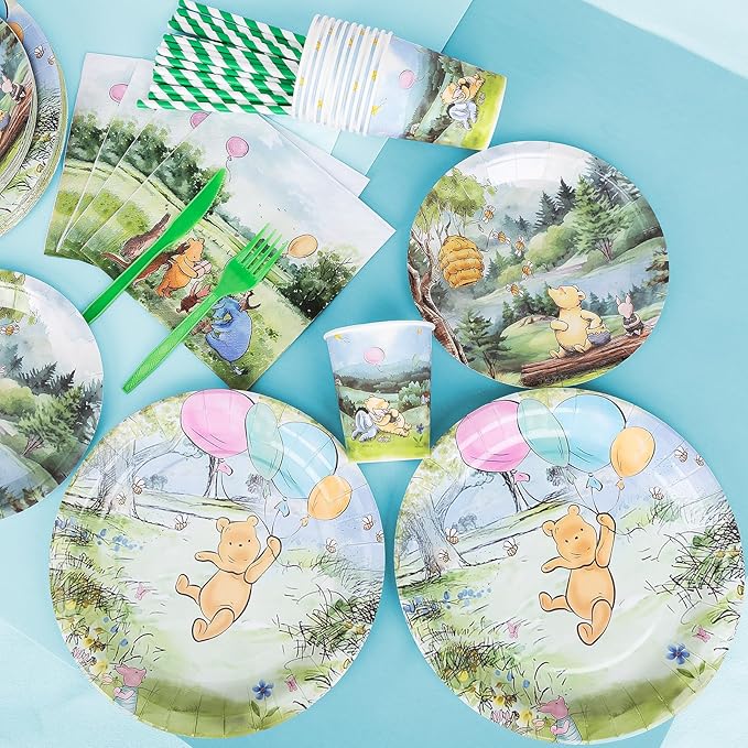 175Pcs Winnie Bear Baby Shower Decorations, Winnie Party Supplies Plates Napkins Cups Set Classic the Pooh Decoration for Kids Boys Girls Newborn Birthday Party Serves 25 Guests