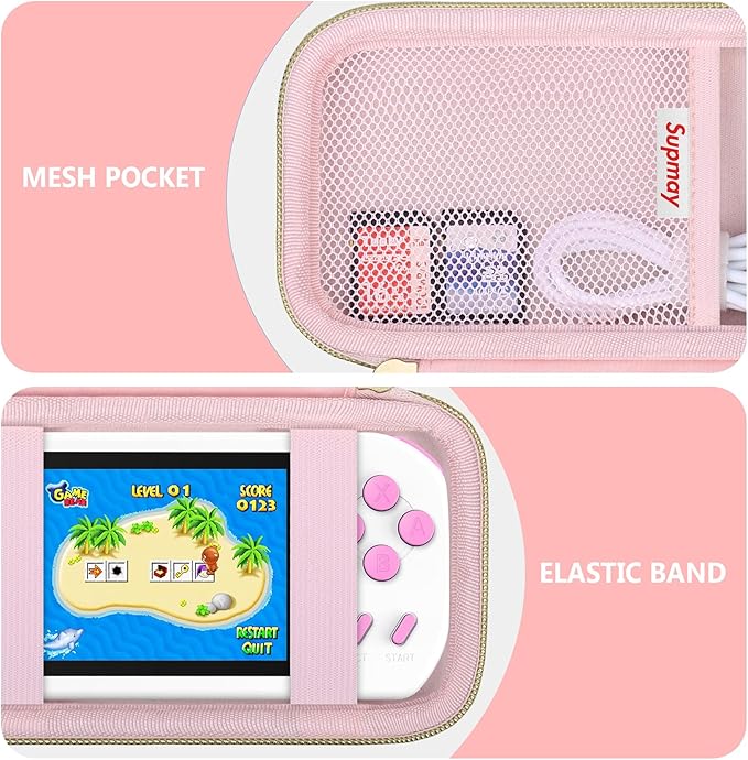 Supmay Carrying Case Compatible with CCTU / TEBIYOU Kids Handheld Games Preloaded 218 Retro Video Games, Portable Gaming Electronic Toys Storage Holder Travel Bag with Mesh Pocket for USB Cable, Pink