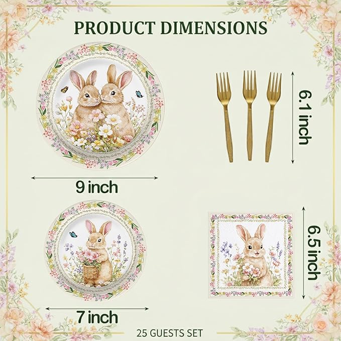 100 Pcs Easter Bunny Tableware Party Supplies, Serves 25, Disposable Vintage Floral Bunny Paper Plates, Napkins, and Gold Forks, Spring Dinner, Birthday, Easter Day Brunch Party Decorations