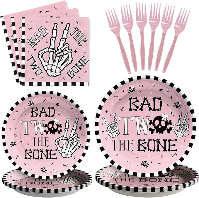 Grencian 96 Pcs Bad Two The Bone Party Decorations Girl Pink Skeleton 2nd Birthday Plates and Napkins Rock and Roll Tableware Set for Girls Music Theme 2 Year Old Birthday Party Supplies Serves 24