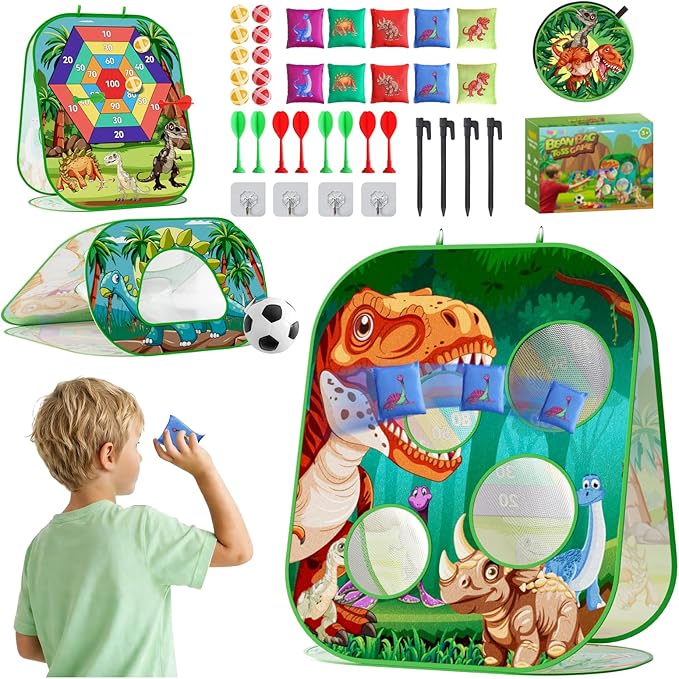 4-in-1 Dinosaur Bean Bag Toss Game for Kids, Cornhole Board Set with Dart Board for Toddler Outdoor Toys, Family Party Game Backyard Beach Lawn Activities Gift for Boys & Girls Ages 3 4 5 6 7 8