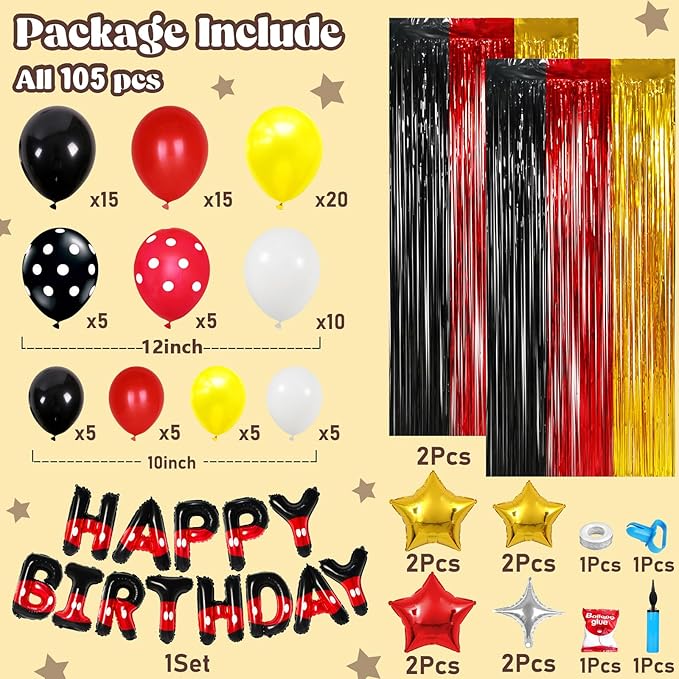 YIIHMEI Cartoon Mouse Birthday Party Decorations Supplies with Black Red Style Letters Banner Balloons Kit for Boy's -105Pcs