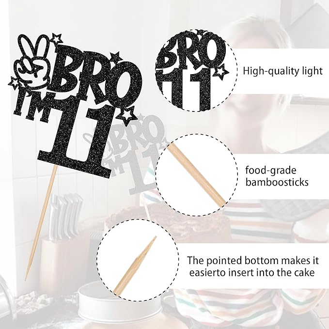 1 PCS Brother I'm 11 Cake Topper Glitter Star Happy 11th Birthday Cake Pick Bro I'm 11 Cake Decoration It's My 11th Birthday Decorations for Boys Cheers to 11 Years Old Birthday Party Supplies Black