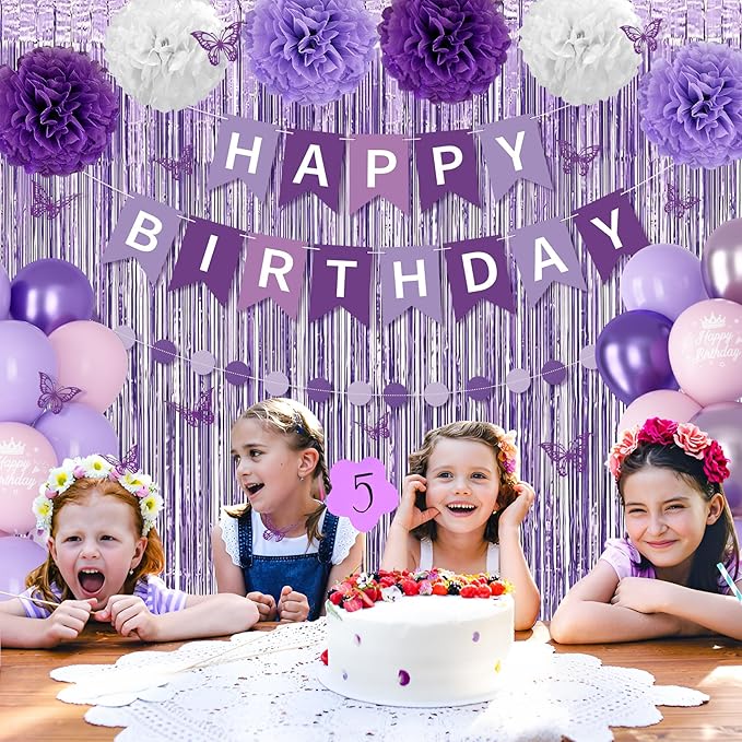 Purple Birthday Decorations for Women Girls, Lavender Pink Confetti Metallic Printed Balloons Butterfly Stickers Fringe Curtain Happy Birthday Banner Circle Dots Garland Paper Pompoms Party Supplies