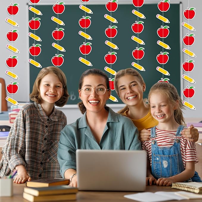MARFOREVER 41Ft 5 Pcs Pencil Apples Garland Back to School Decorations, Pre-Strung Pencil Apple Banner Hanging Streamers for First Day of School Classroom Decorations Teacher Office Photo Props