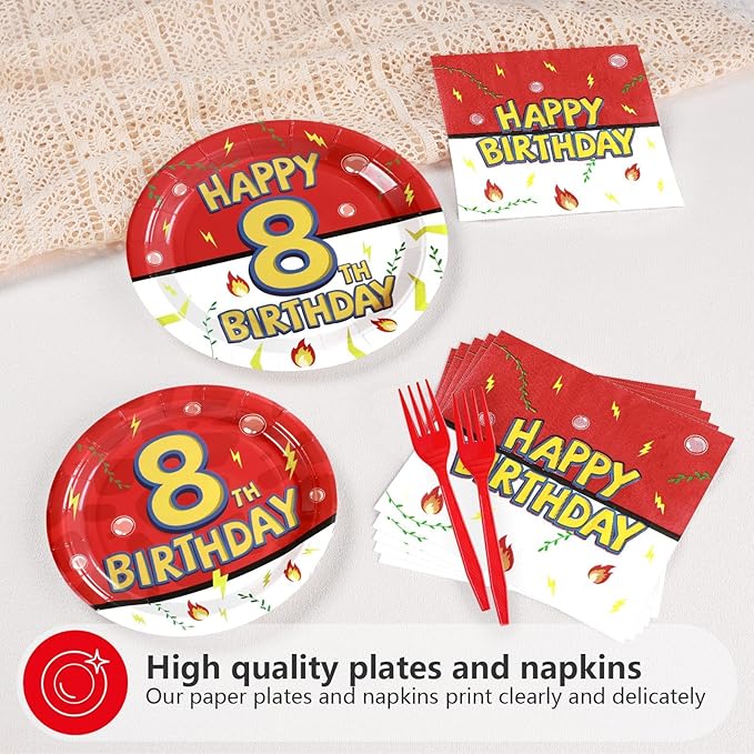 Grencian 96Pcs Happy 8th Birthday Party Supplies Cartoon Anime Themed Paper Plates and Napkins Tableware Sets Disposable Red and White Decoration for 8 Year Old Birthday Kids Children Party Serves 24