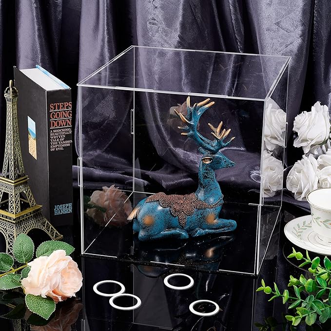 FINGERINSPIRE Clear Acrylic Display Case with Black Base & 4 Pcs Rubber Rings 10x10x10 Inch Cube Clear Self-Assembly Acrylic Box Dustproof Protection Showcase for Action Figures Collectibles Toys