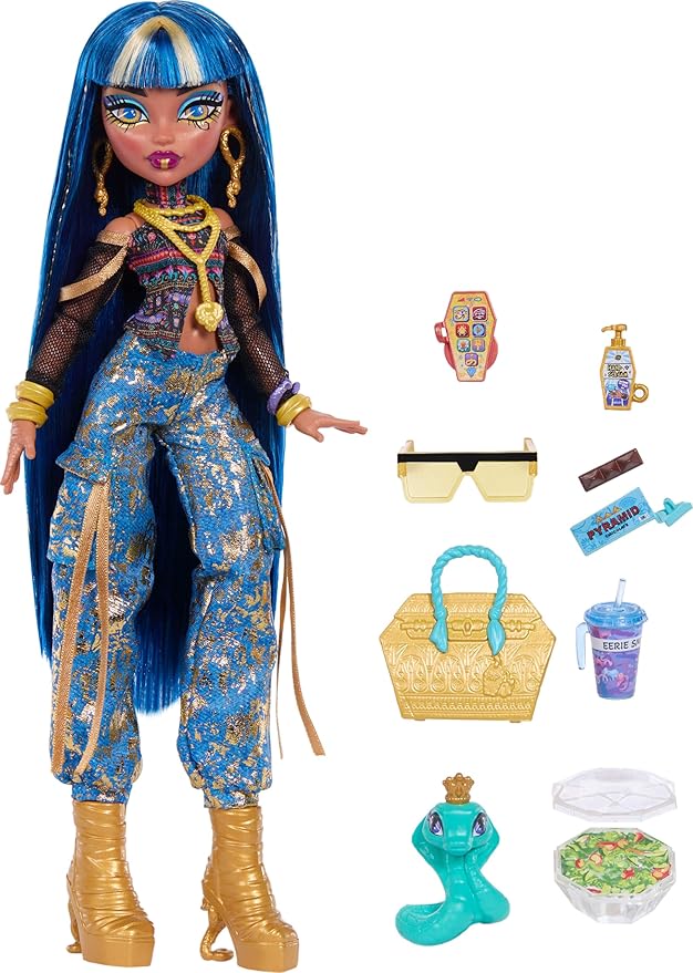 Monster High Doll, Cleo De Nile in Crop Top and Golden Denim Cargo Pants with Pet Snake Hissette and 7 Accessories Like Salad, Smoothie and Purse