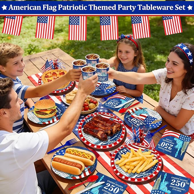 168PCS 4th of July Decorations 250th Anniversary Patriotic Party Supplies American Flag Tableware Set Plates Napkins Cups Knives Forks Spoon Red White Blue Decor for Memorial Independence Day Serve 24