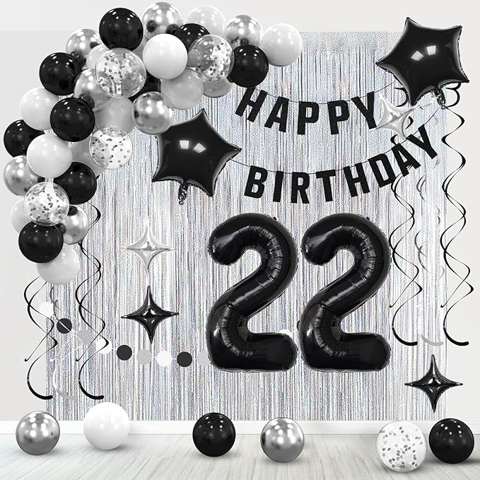 22th Birthday Decorations for Boys Girls, Silvery and Black Happy 22th Birthday Banner,Number 22 Balloons Arch Kit for 22 year old Birthday Party Decorations