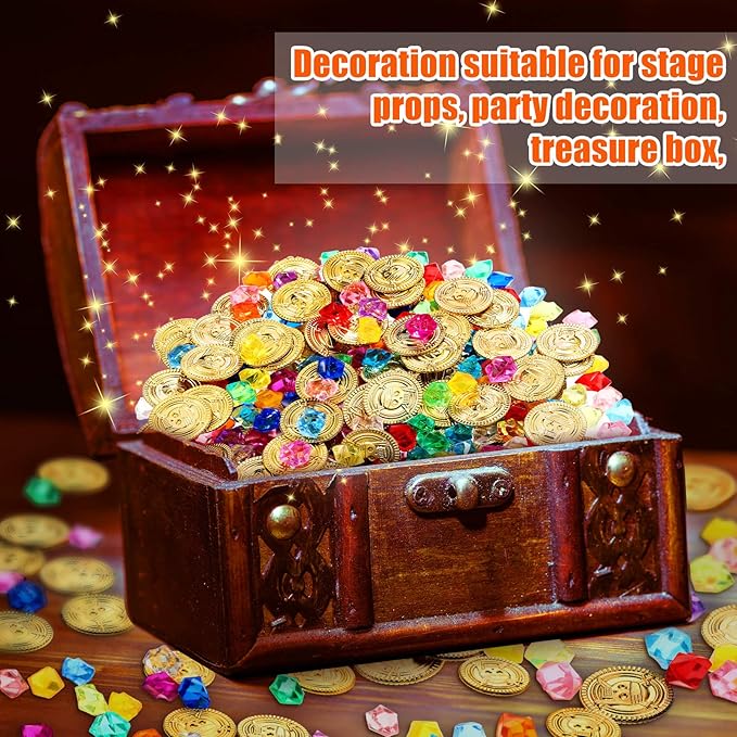 Skylety Pirate Party Decoration Favors 100 Pieces Fake Pirate Treasure and 100 Pieces Gold Coins Toy Gem Jewelry Treasure Chocolate Gold Coins for Halloween Adventure Themed Event Party Supplies