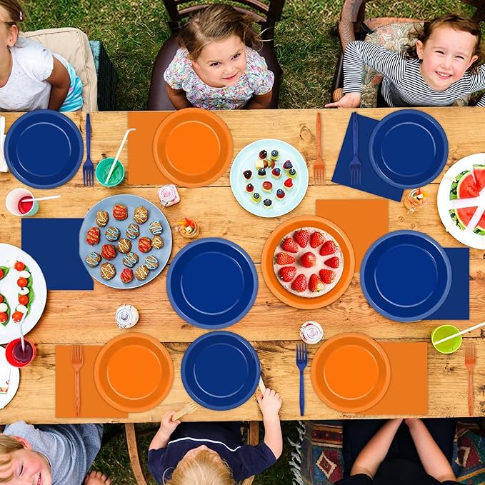 200 Pcs Orange and Blue Birthday Decorations Dart War Party Supplies Orange Blue Paper Plates and Napkins Tableware Set for Baby Shower Party Favors for 50 Guests