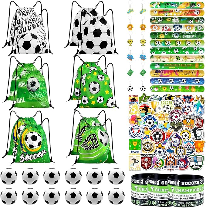 110Pcs Soccer Party Favors Drawstring Bags Soccer Goodie Bag with Mini Ball, Wristband, Slap bracelets, Keychains, Stickers for Soccer Party Supplies