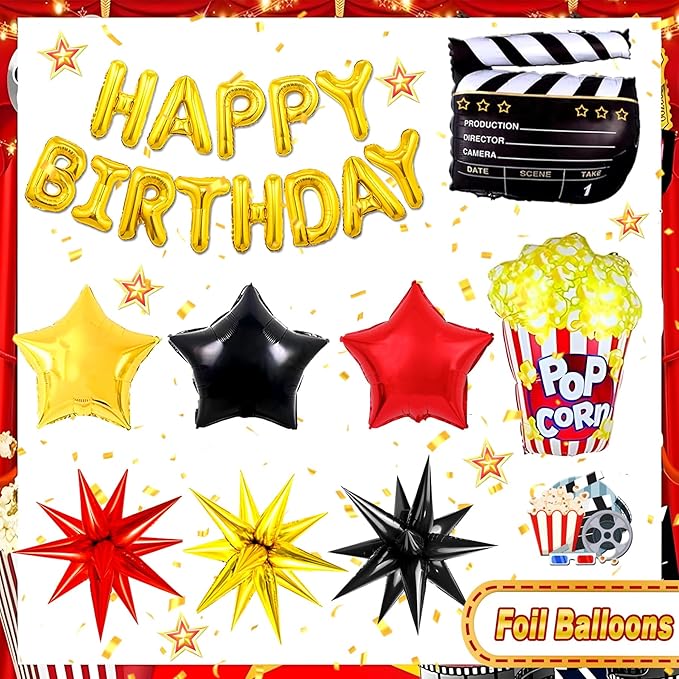 150pcs Movie Themed Birthday Party Decorations, Movie Night Birthday Decorations, Movie Theater Bday Decor Balloons Arch, Now Showing Popcorn Concessions Banner, Foil Balloons
