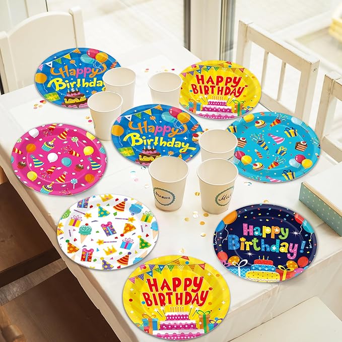 60Pcs Happy Birthday Plates Party Supplies 7” Colorful Birthday Plates Colorful Happy Birthday Tableware Party Decorations for Kids Boys Girls Birthday Cake Dinnerware Party Favors for 60 Guest