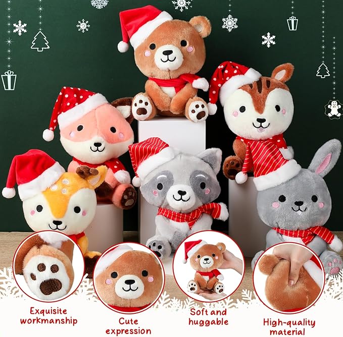 6 Pcs 7 Inch Large Woodland Animals Bulk with Red Hat & Scarf Bear Rabbit Squirrel Deer Raccoon Fox Plush Toys for Woodland Baby Showers Party Decor Birthday Gifts Classroom Awards
