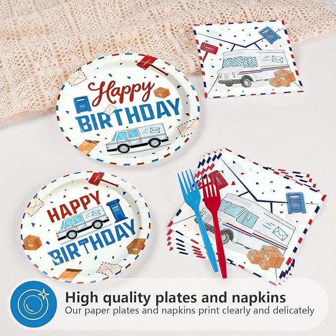 96 Pcs Mailman Party Supplies Red Blue Mail Happy Birthday Plates and Napkins Disposable Mail Truck Mailbox Tableware Set for Postal Worker Birthday Party Decorations Serves 24