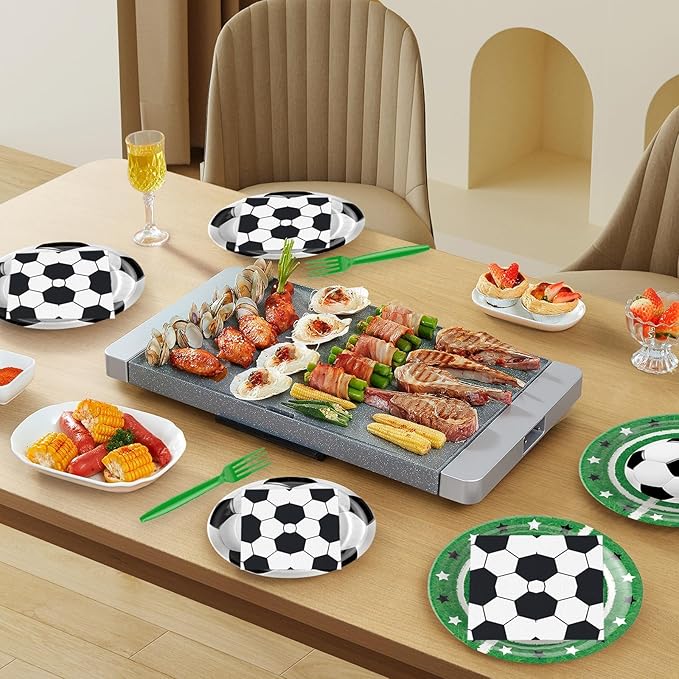 96Pcs Soccer Plates and Napkins Party Supplies- Sports Birthday Paper Plates Napkins Forks Dinnerware Soccer Ball Party Decor for Soccer Fans Baby Shower Boys Girls Birthday Gatherings Serves 24
