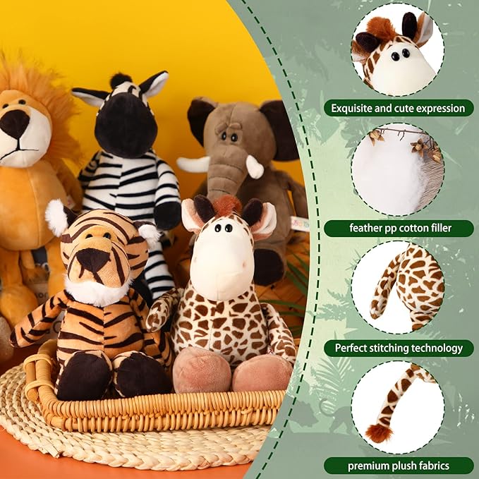 Zhanmai 6 Pieces Safari Stuffed Animals Plush Jungle Animal Toys Set for Boys Girls, Lion Elephant Zebra Giraffe Tiger Monkey for Animal Themed Parties Student Award